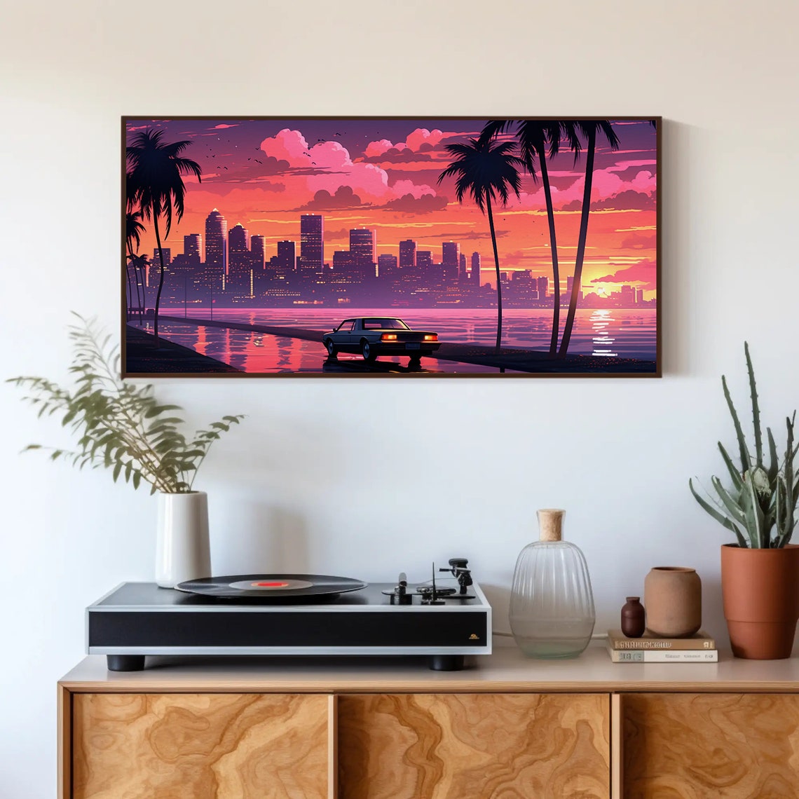 Retro Miami Vice Sunset Cityscape Palm Trees Classic Car Poster - Image 4