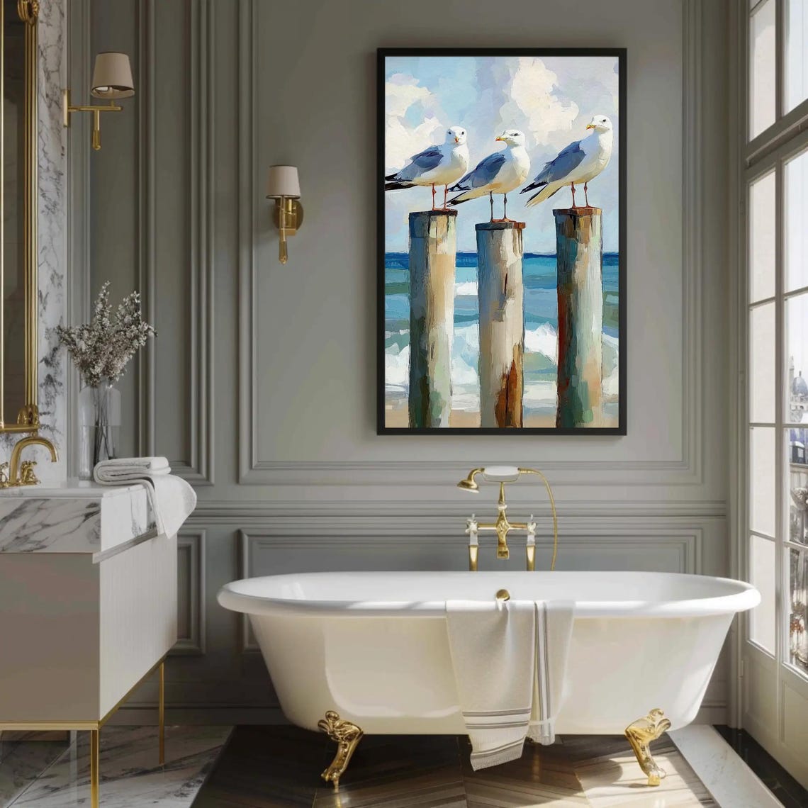 Three Seagulls On Wooden Pilings Coastal Ocean Painting Art Poster - Image 2