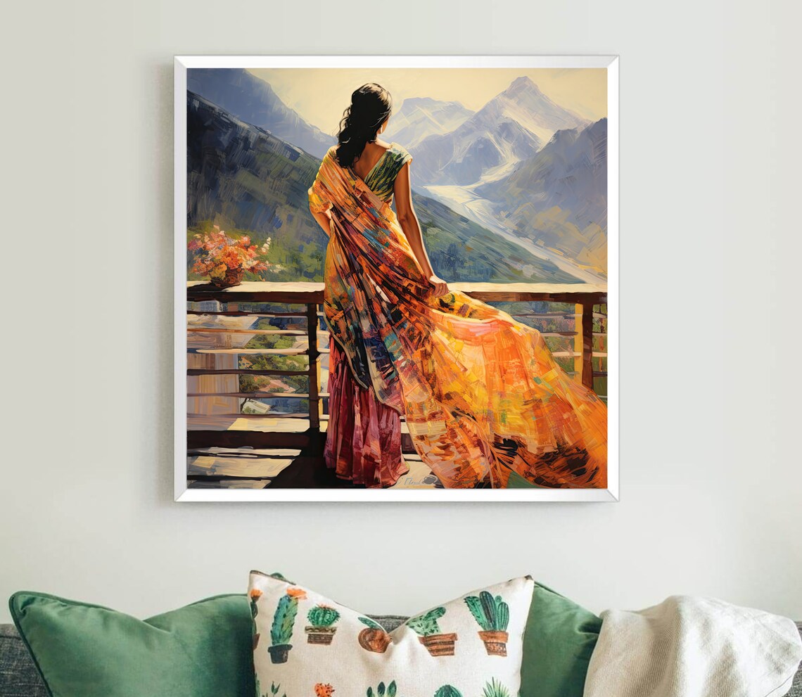 Indian Woman Hill Station Scenery Art Print, Oil Painting - Image 5