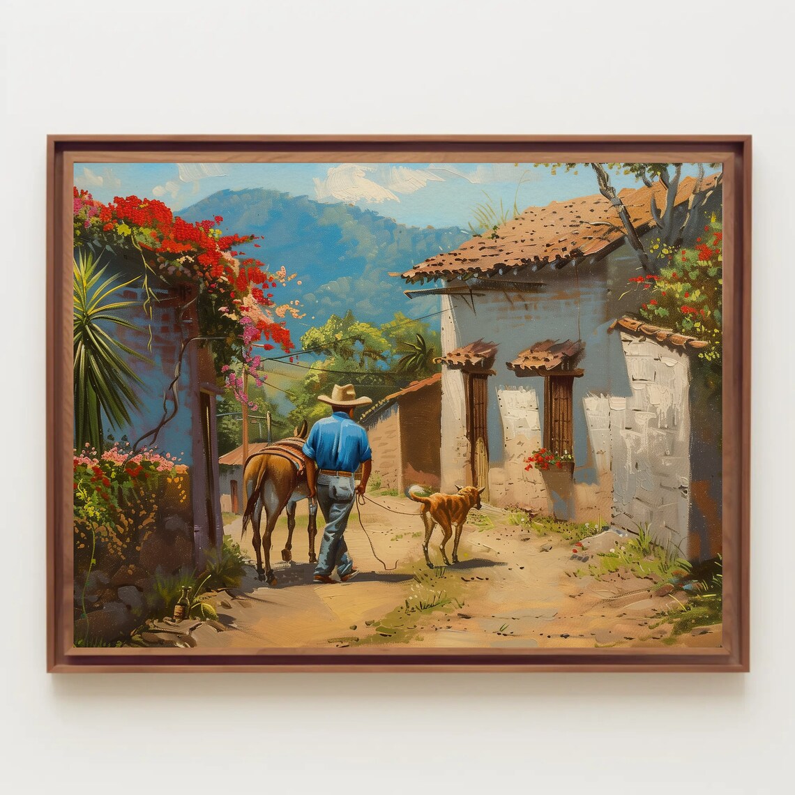 Mexican Village Oil Painting, Man With Dog and Donkey - Image 5