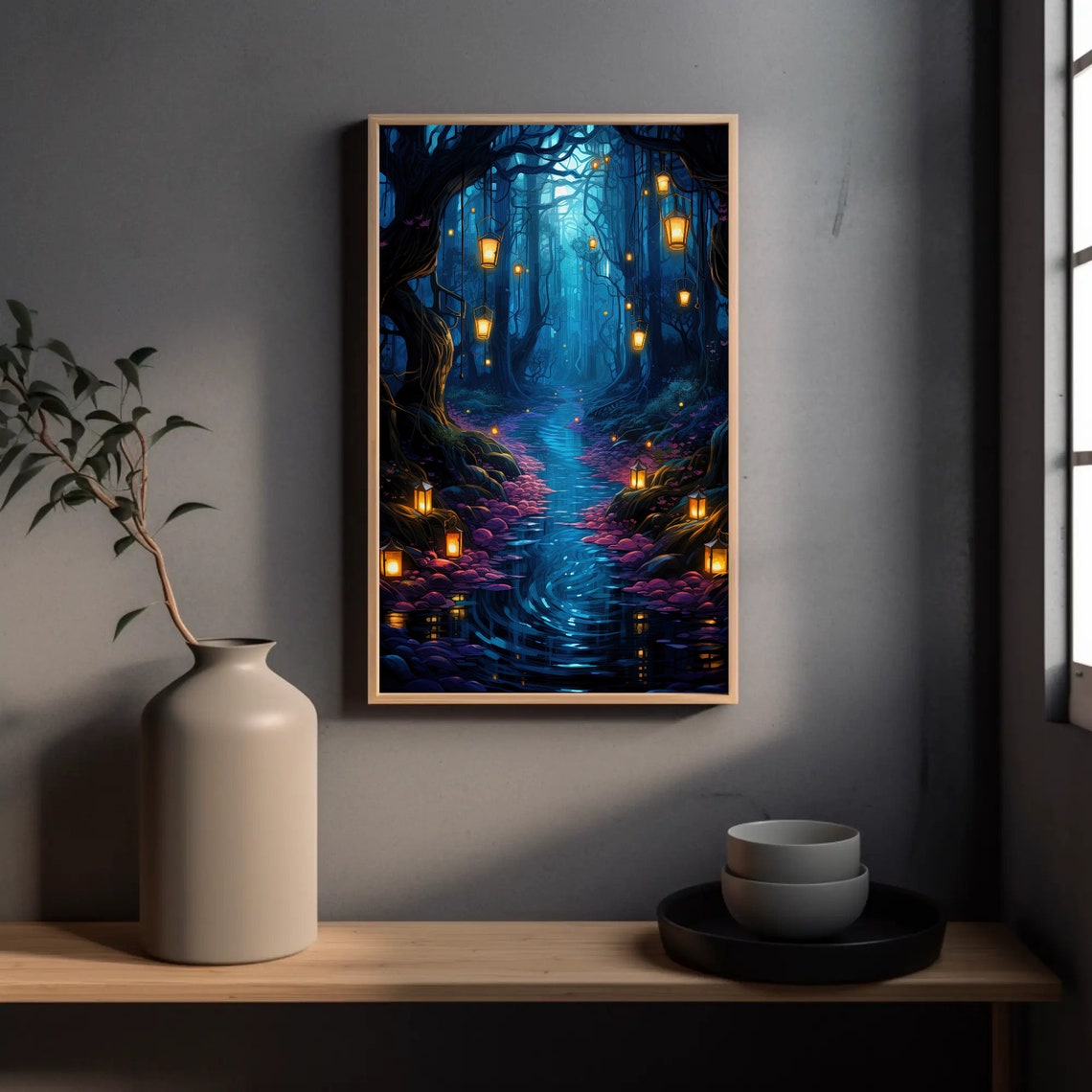 Fantasy Forest Art Spiritual Forest Framed Decor Lanterns And Trees Decor Fantasy Painting Home Decor Ready To Hang - Image 3