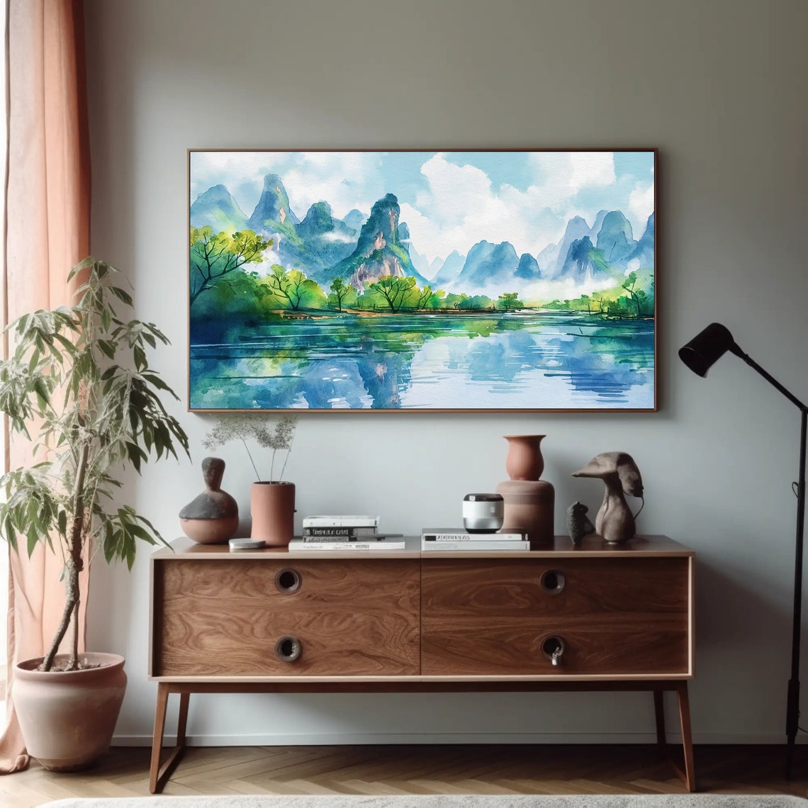Guilin Karst Peaks Over Emerald River China Watercolor Poster