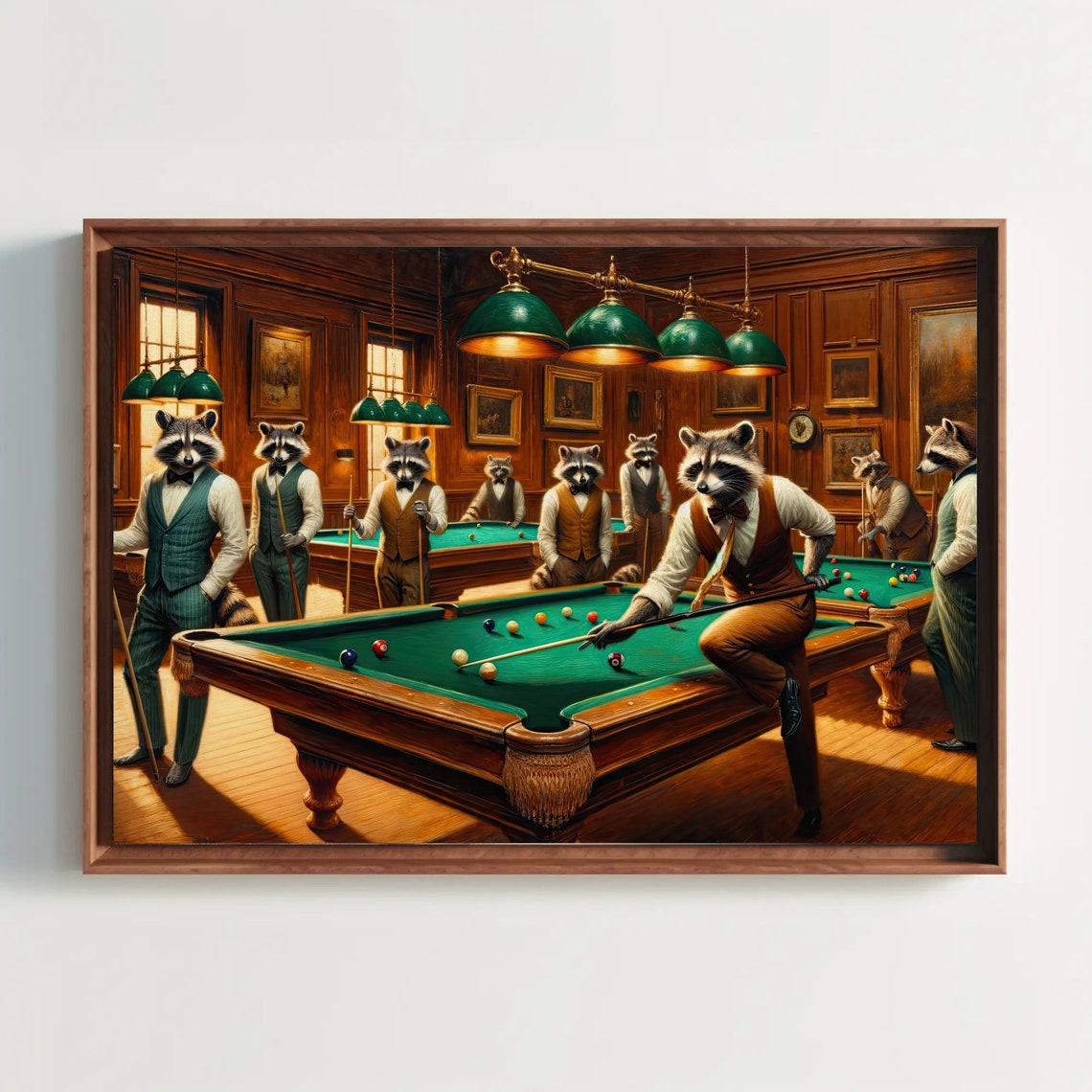 Raccoons Playing Pool Whimsical Billiard Hall Animal Art Poster