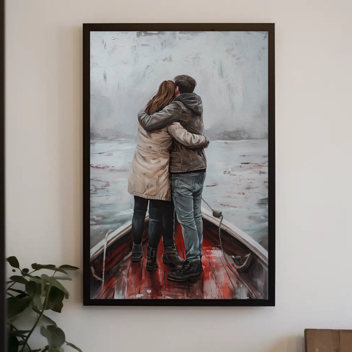Romantic Couple Embracing in a Boat Oil Painting Poster Misty Waters