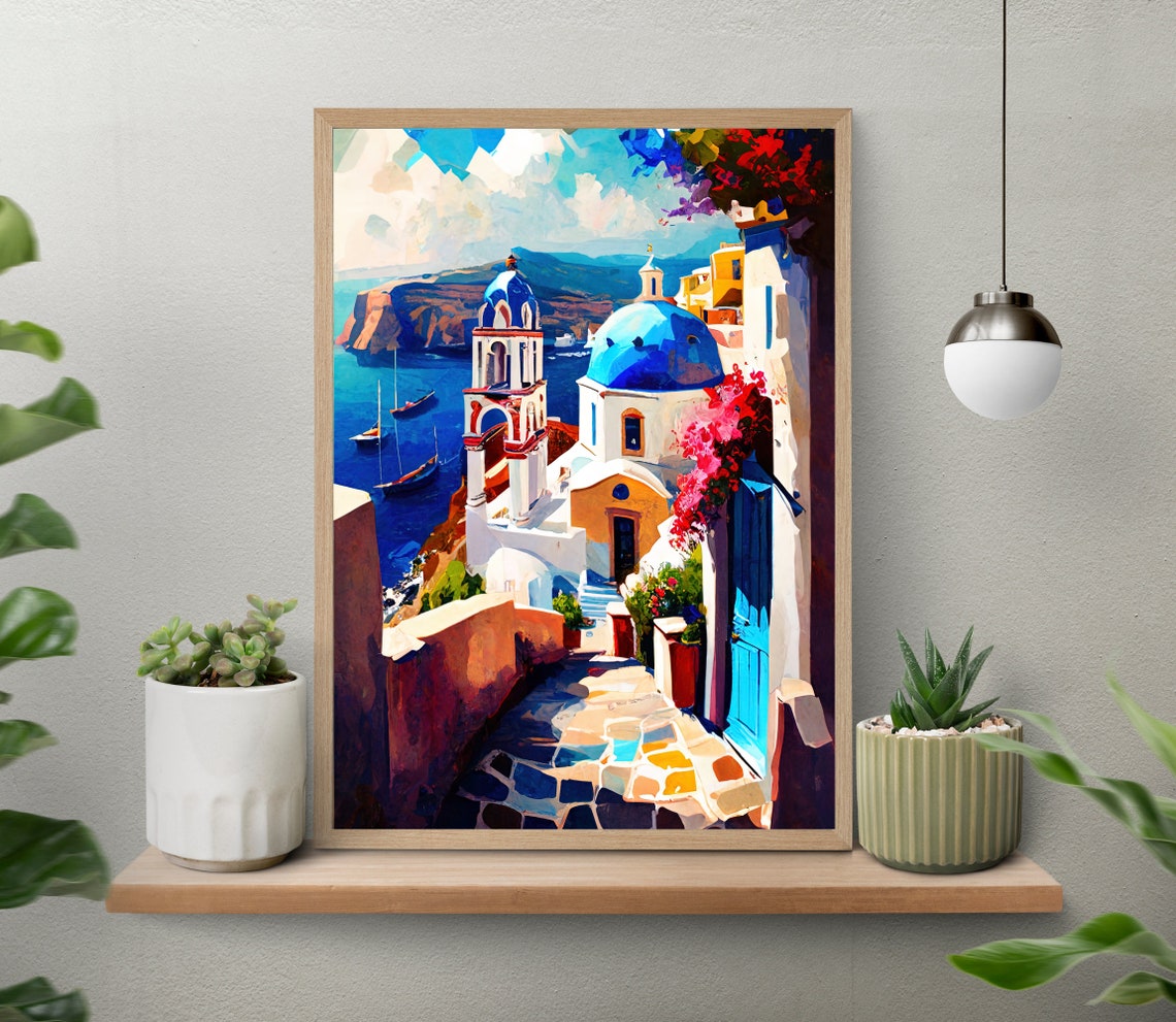 Santorini Blue Dome Bell Tower Seaside Stairway Scene Poster - Image 5