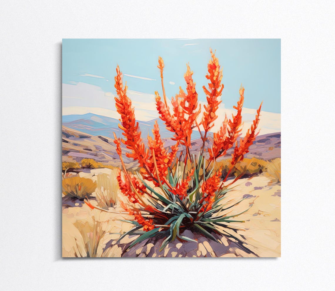 Red Ocotillo Blooms in Desert Valley With Mountain View Art Poster - Image 4
