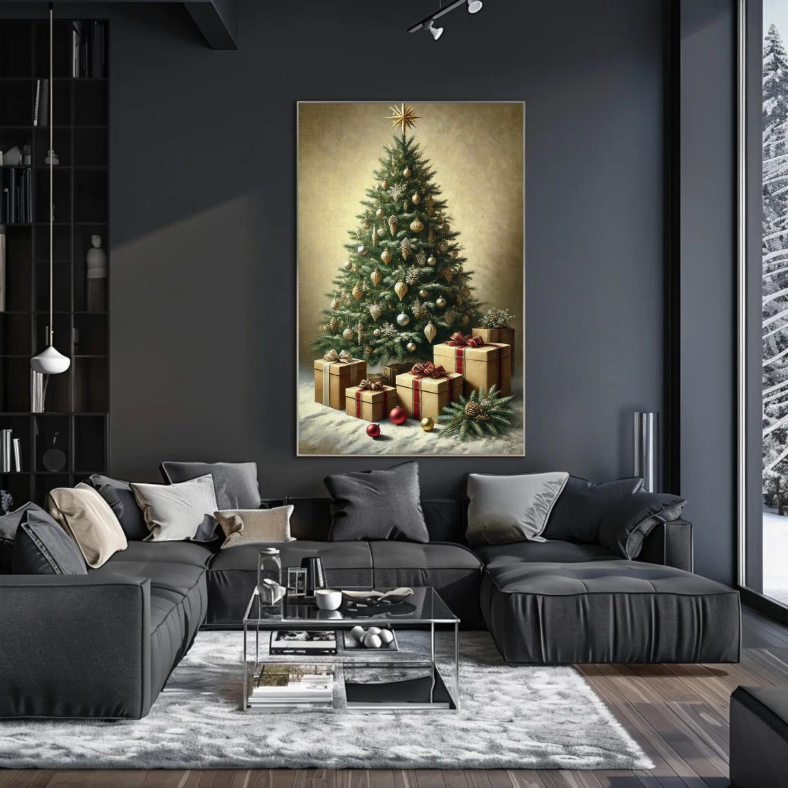 Classic Christmas Tree With Gifts And Gold Ornaments Night Poster - Image 3