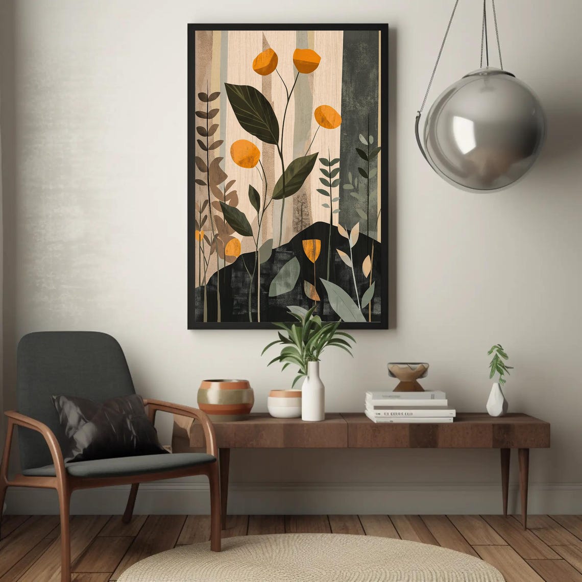 Modern Abstract Botanical with Bold Orange Blooms Artwork Poster - Image 4