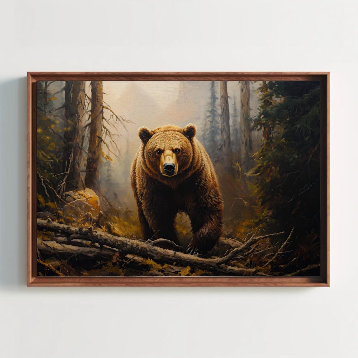 Grizzly Bear Walking Through A Misty Pine Forest Wildlife Poster
