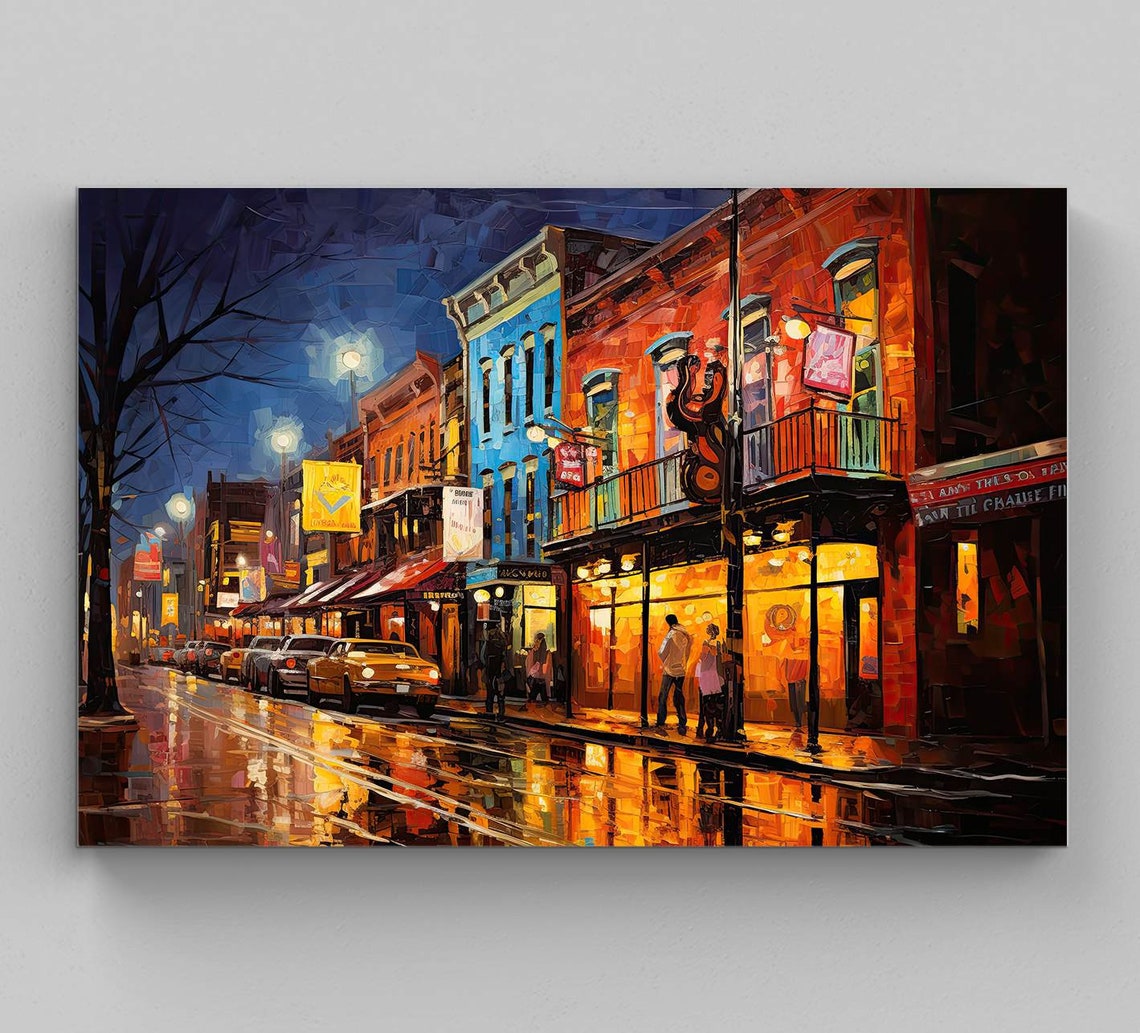 Rainy Honky Tonk Row Night Street Neon Lights City Art Poster