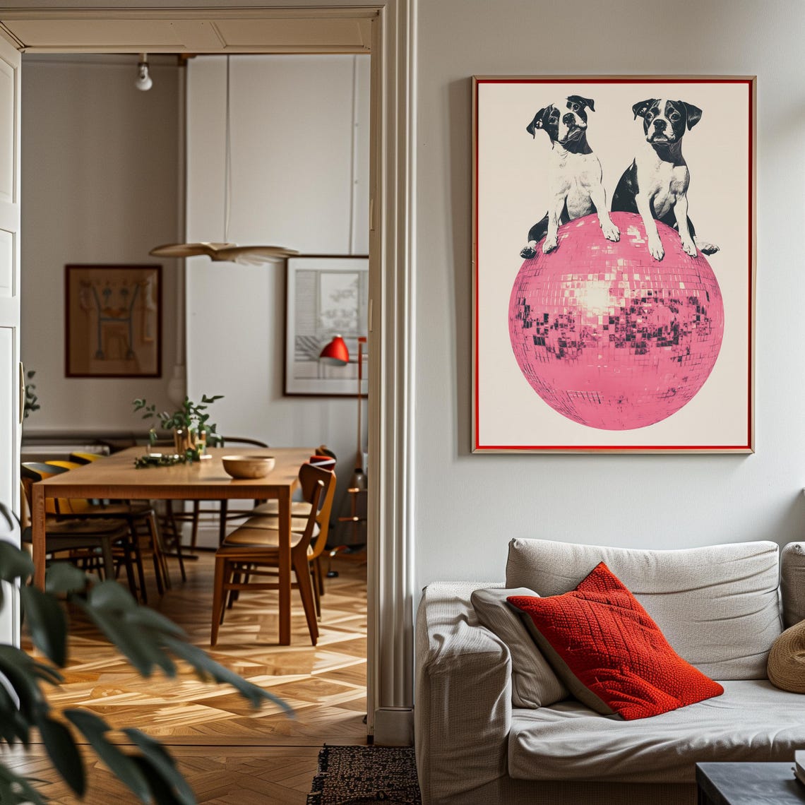 Staffy Duo Perched on a Glittery Pink Disco Ball Retro Art Poster - Image 3
