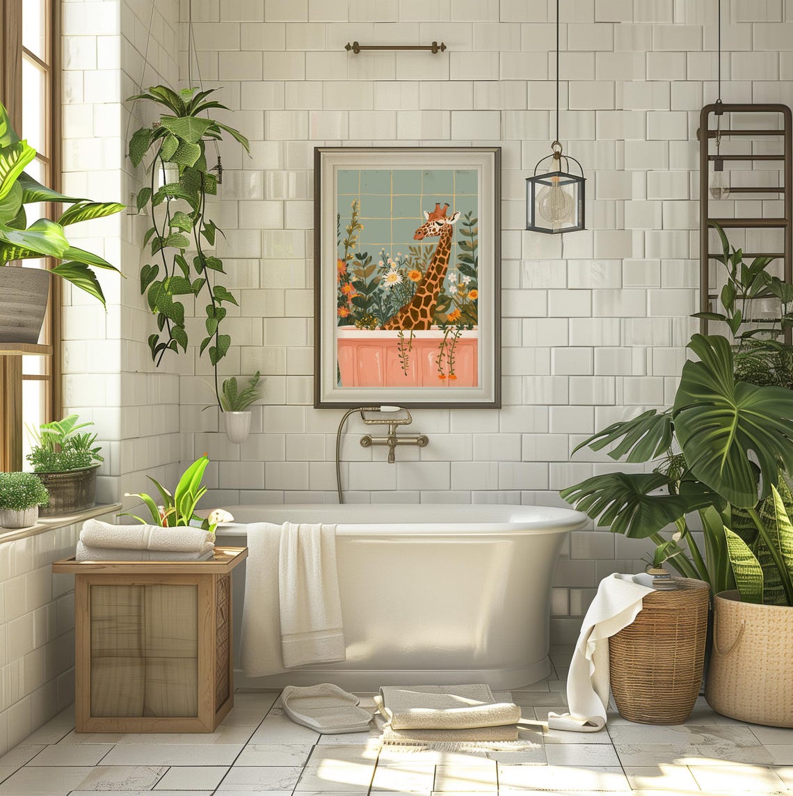 Giraffe in Pink Bathtub Sage Tiled Tropical Floral Wall Poster - Image 3