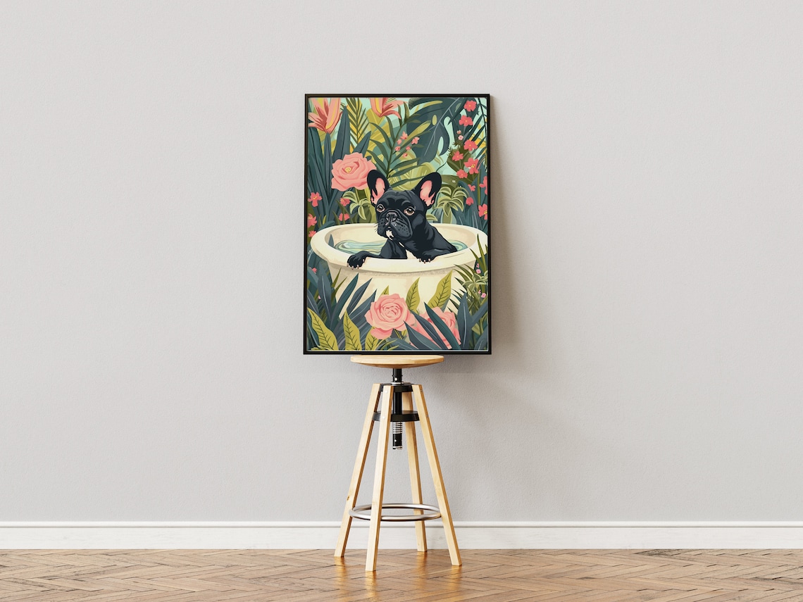 French Bulldog Wall Art, Boho Jungle Bathtub Print - Image 3