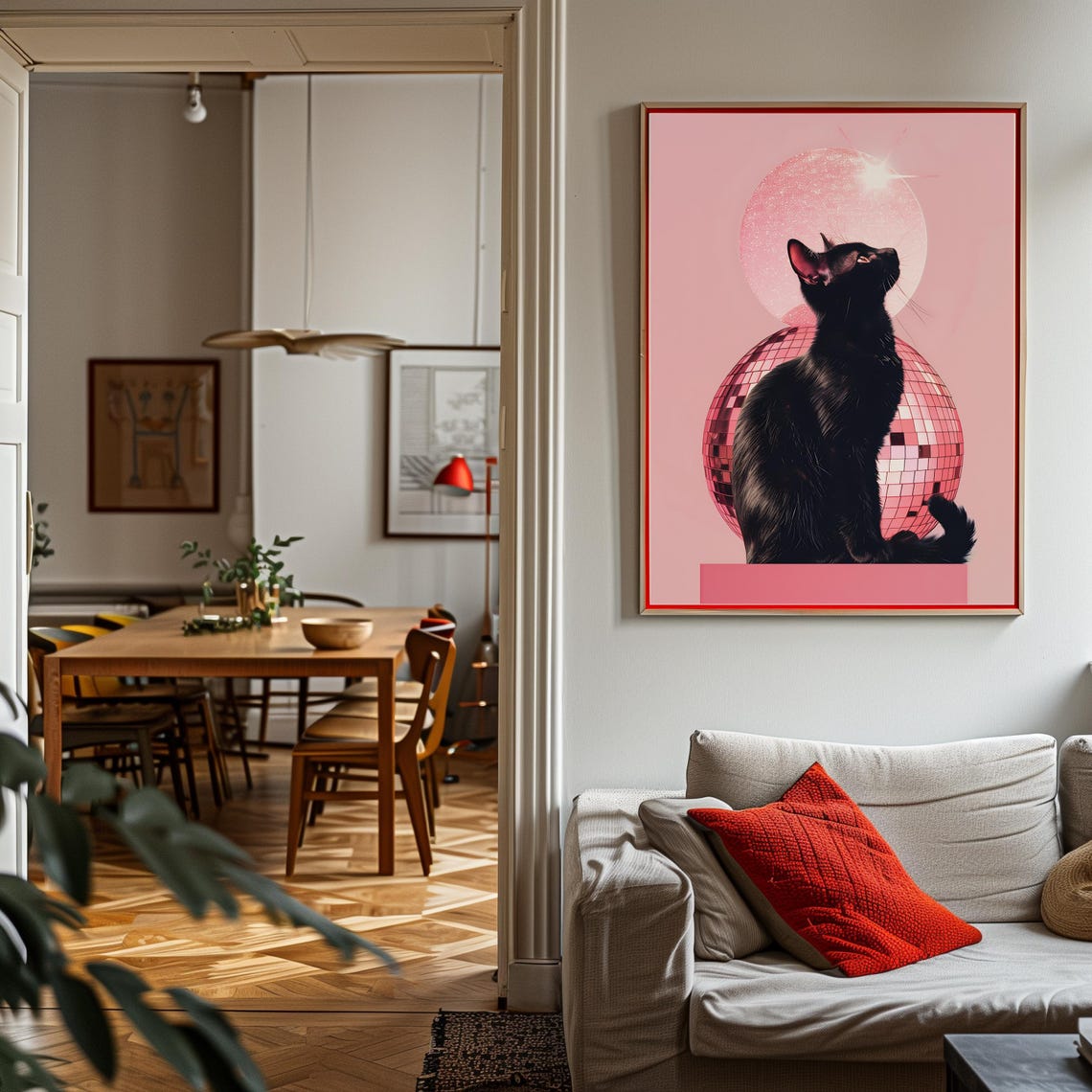 Black Cat Pink Disco Ball Sparkling Collage Poster Retro Glam Cat - Image 3