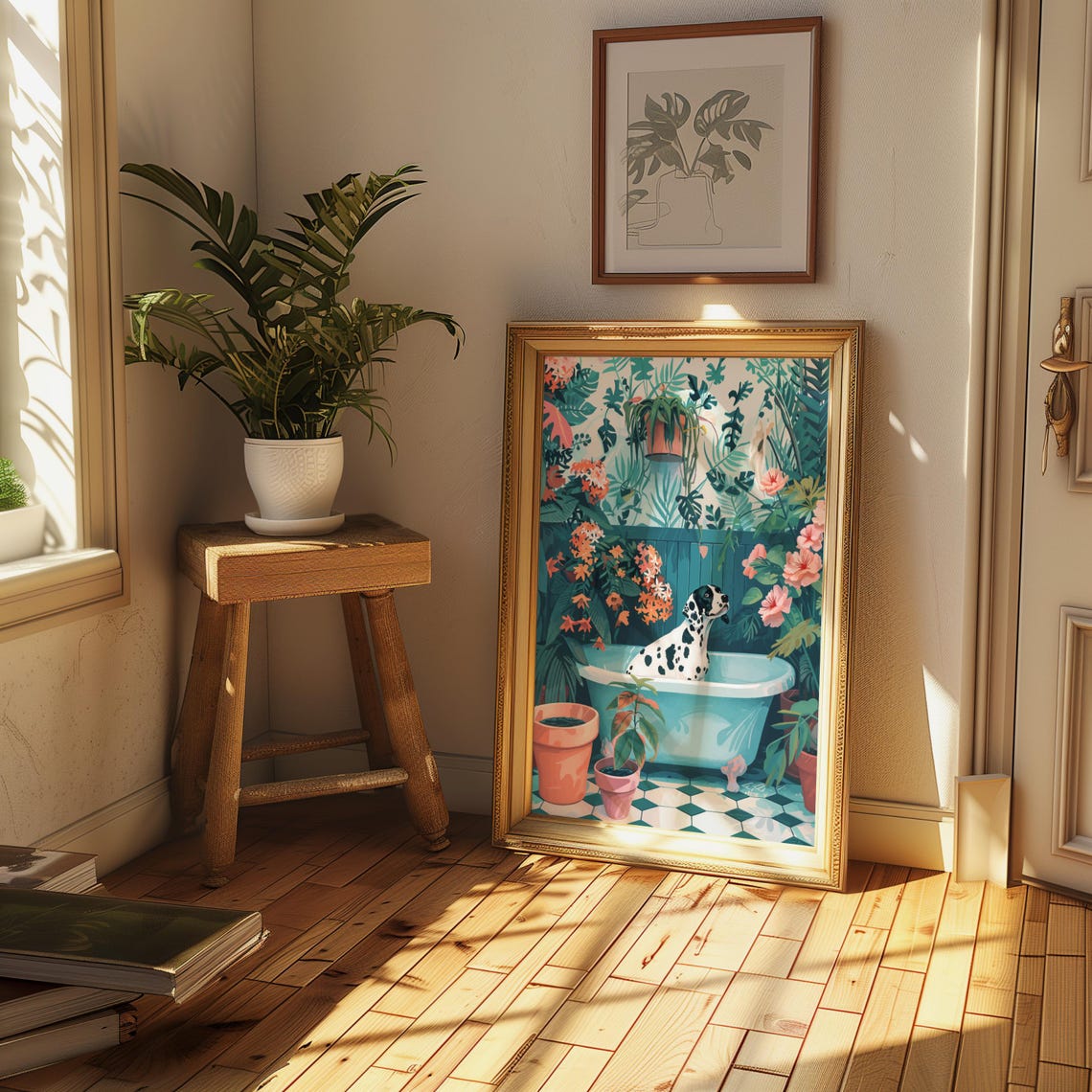 Dalmatian Dog in a Bathtub Among Lush Tropical Jungle Plants Poster - Image 3