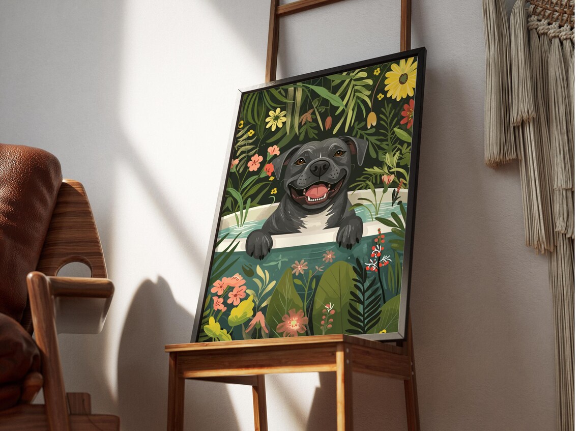 Blue Staffy Wall Art Print, Boho Jungle Style - Image 3