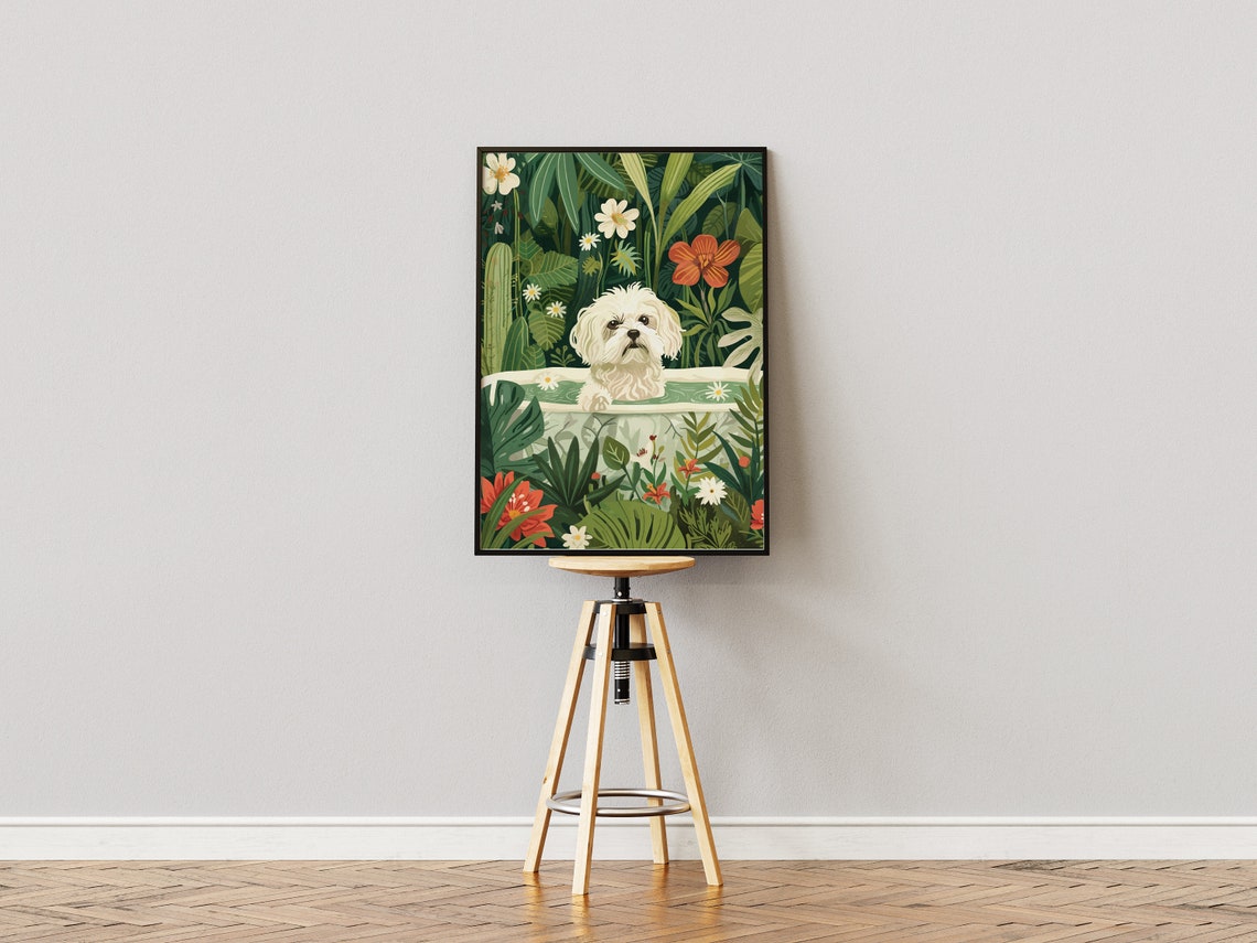 Maltese Dog Bubble Bath Jungle Botanical Illustration Art Poster - Image 3