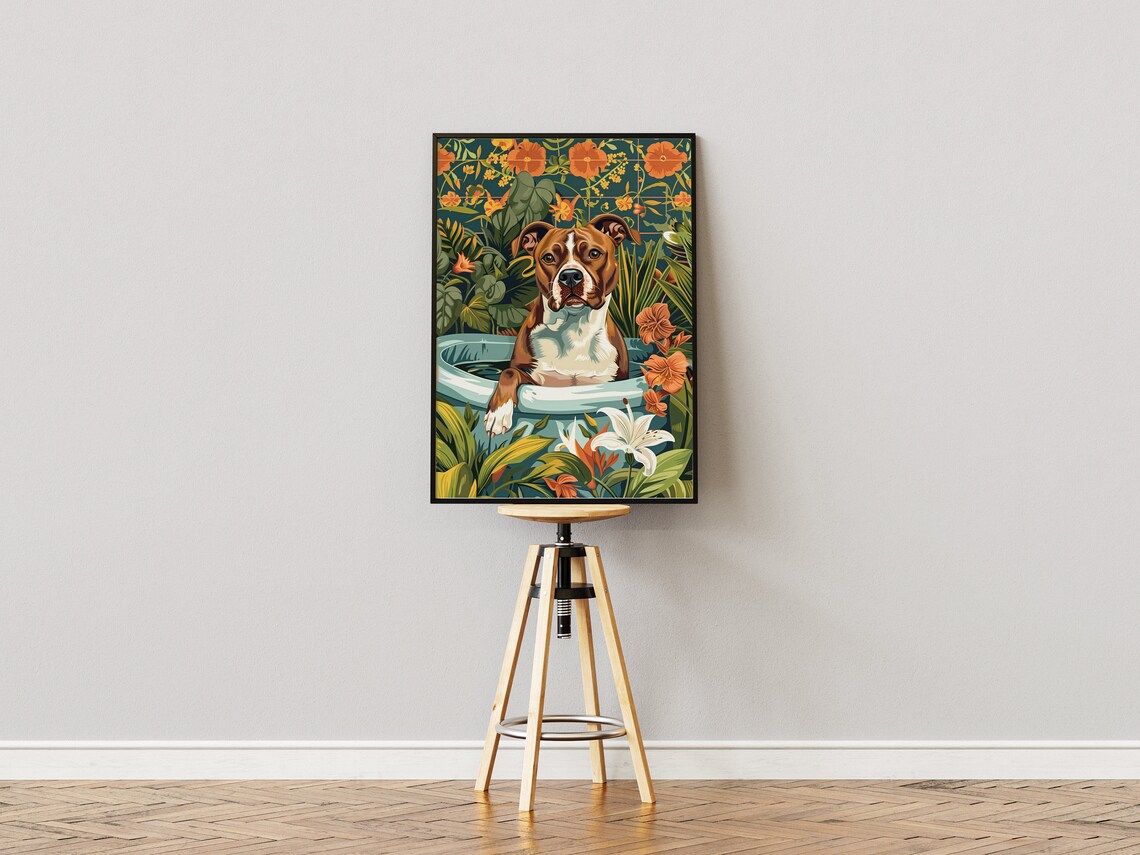 American Staffordshire Terrier in Bathtub Tropical Floral Funny Poster - Image 3
