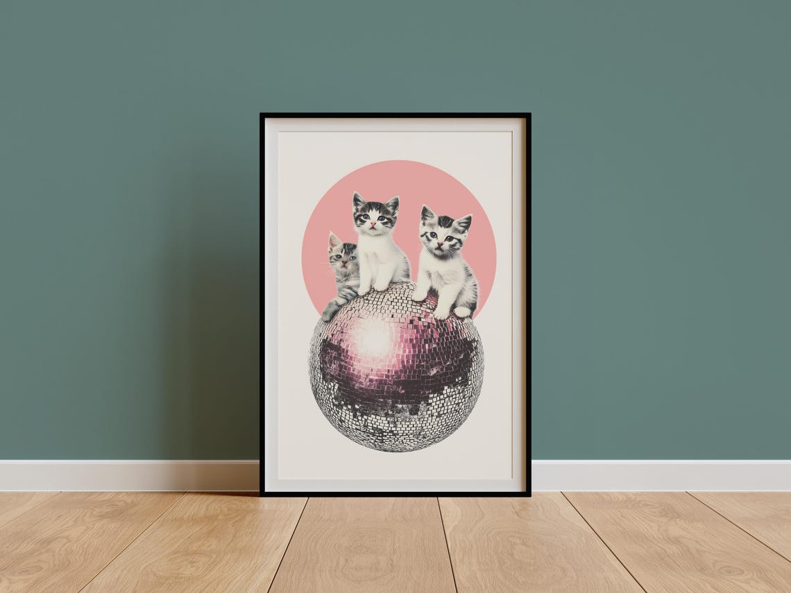 Three Kittens Pink Disco Ball Mirrorball Collage Poster Retro Cat