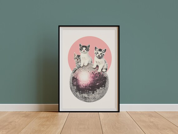 Three Kittens Pink Disco Ball Mirrorball Collage Poster Retro Cat