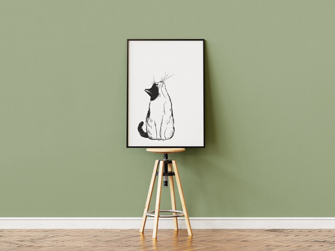 Black and White Cat Looking Up Sitting Ink Illustration Minimal Cat Poster - Image 2