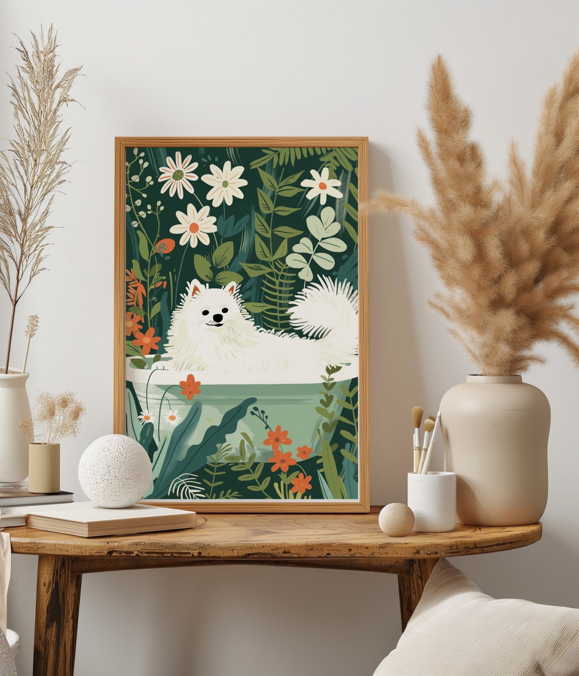 Japanese Spitz Puppy Relaxing in a Botanical Jungle Bath Tub Poster - Image 2