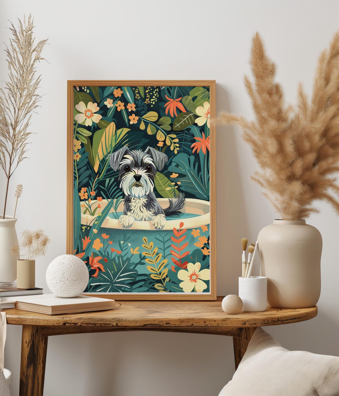 Miniature Schnauzer Wall Art On Fine Art Paper Boho Jungle Bathtub Print Maximalist Botanical Decor Eclectic Tropical Nursery Poster - Image 2
