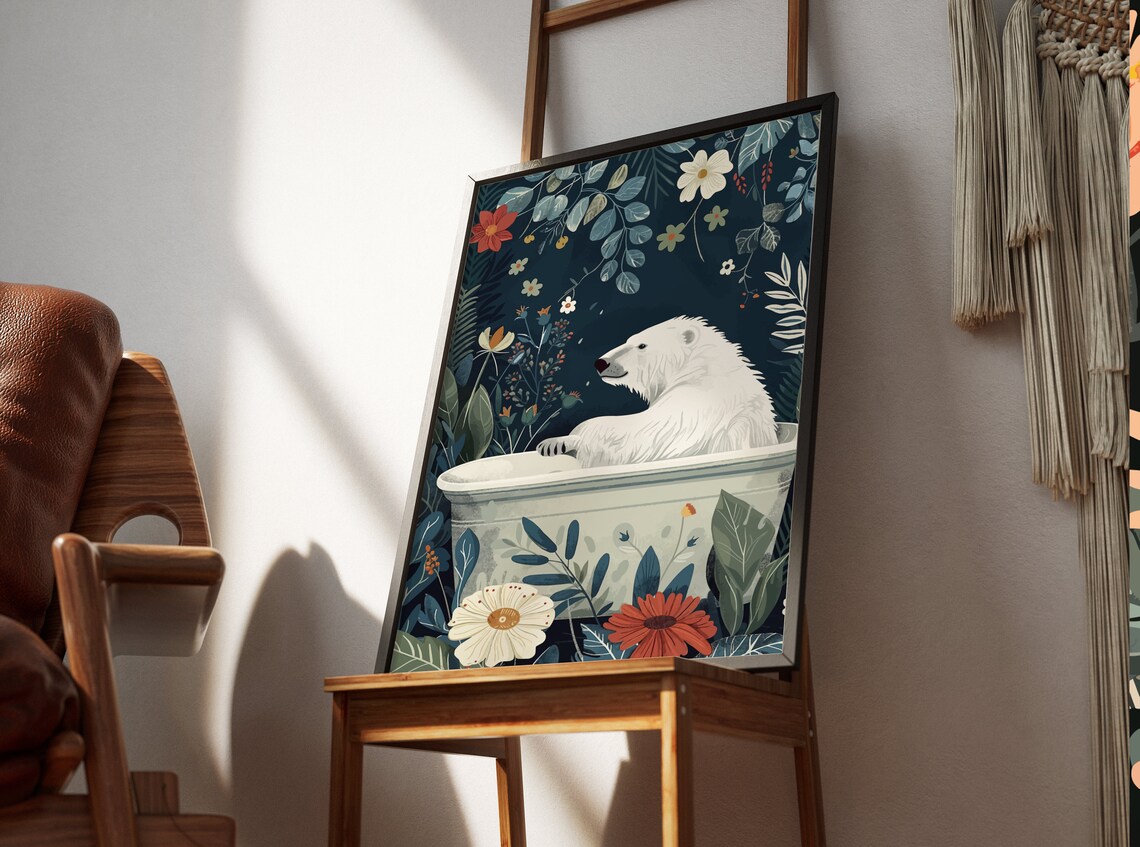 Polar Bear in Bathtub Dark Botanical Floral Maximalist Bathroom Poster - Image 3