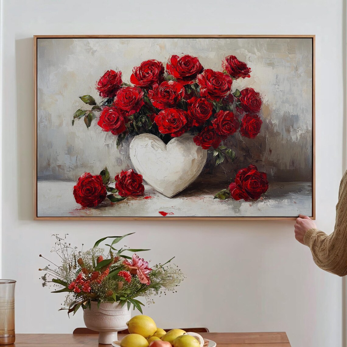 Red Rose Bouquet In White Heart Vase Romantic Oil Painting Poster