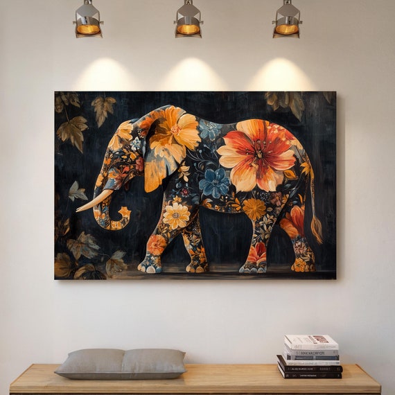 Floral Elephant Wall Art Vibrant Animal Painting With Bold Flower Patterns Perfect Boho Decor For Elephant Lovers And Nature Inspired Homes
