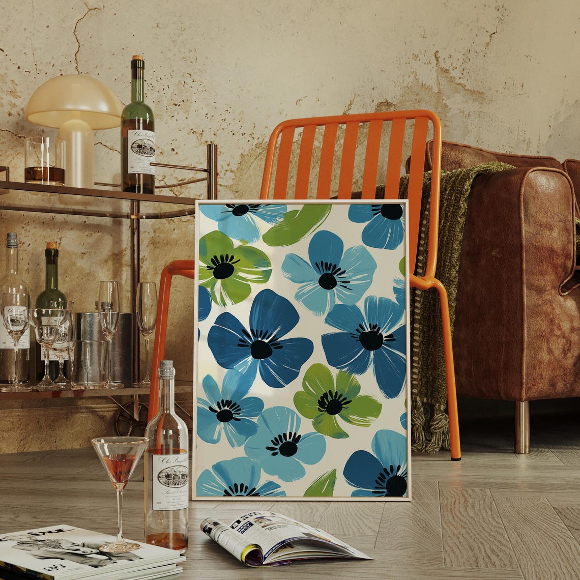 Blue Green Floral Pop Art Bold Modern Botanical Pattern Wall Poster