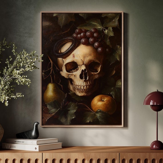Skull With Snake And Fruits Dark Vintage Still Life Oil Painting For Gothic And Moody Wall Decor