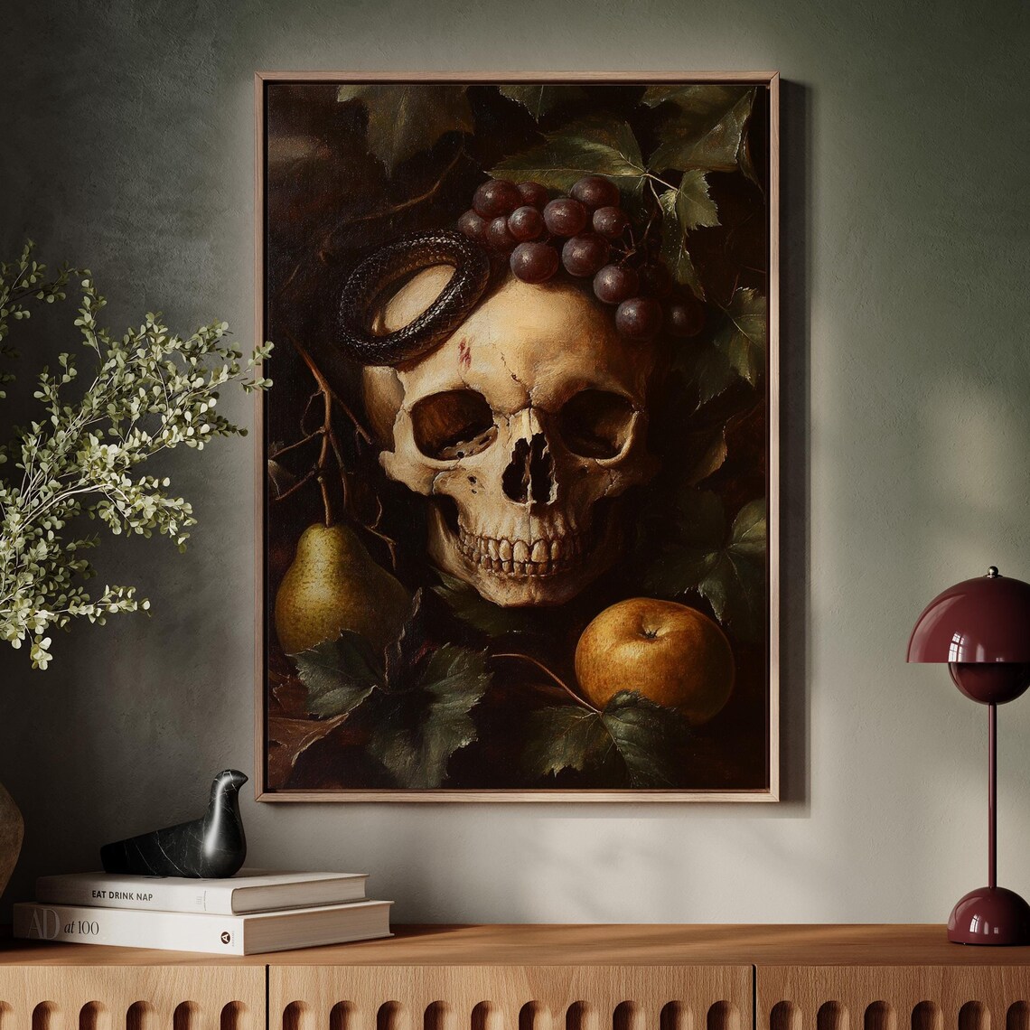 Skull Snake Grapes Pear Apple Dark Gothic Still Life Oil Painting Poster