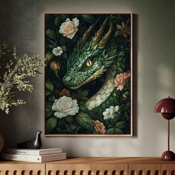 Enchanting Green Dragon With Roses Wall Art For Fantasy And Nature Inspired Home Decor