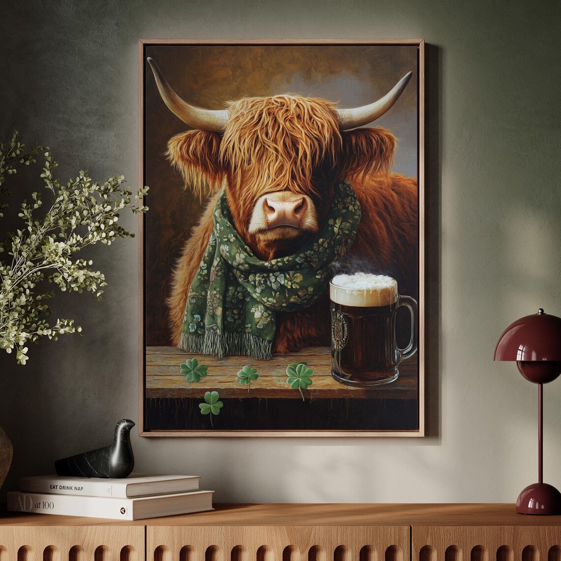 Shaggy Highland Cow Clover Scarf Frothy Beer Mug Wall Poster