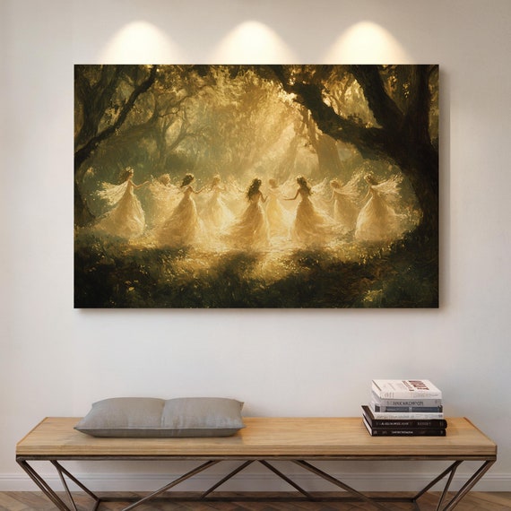Ethereal Fairies Dancing In Golden Forest Light