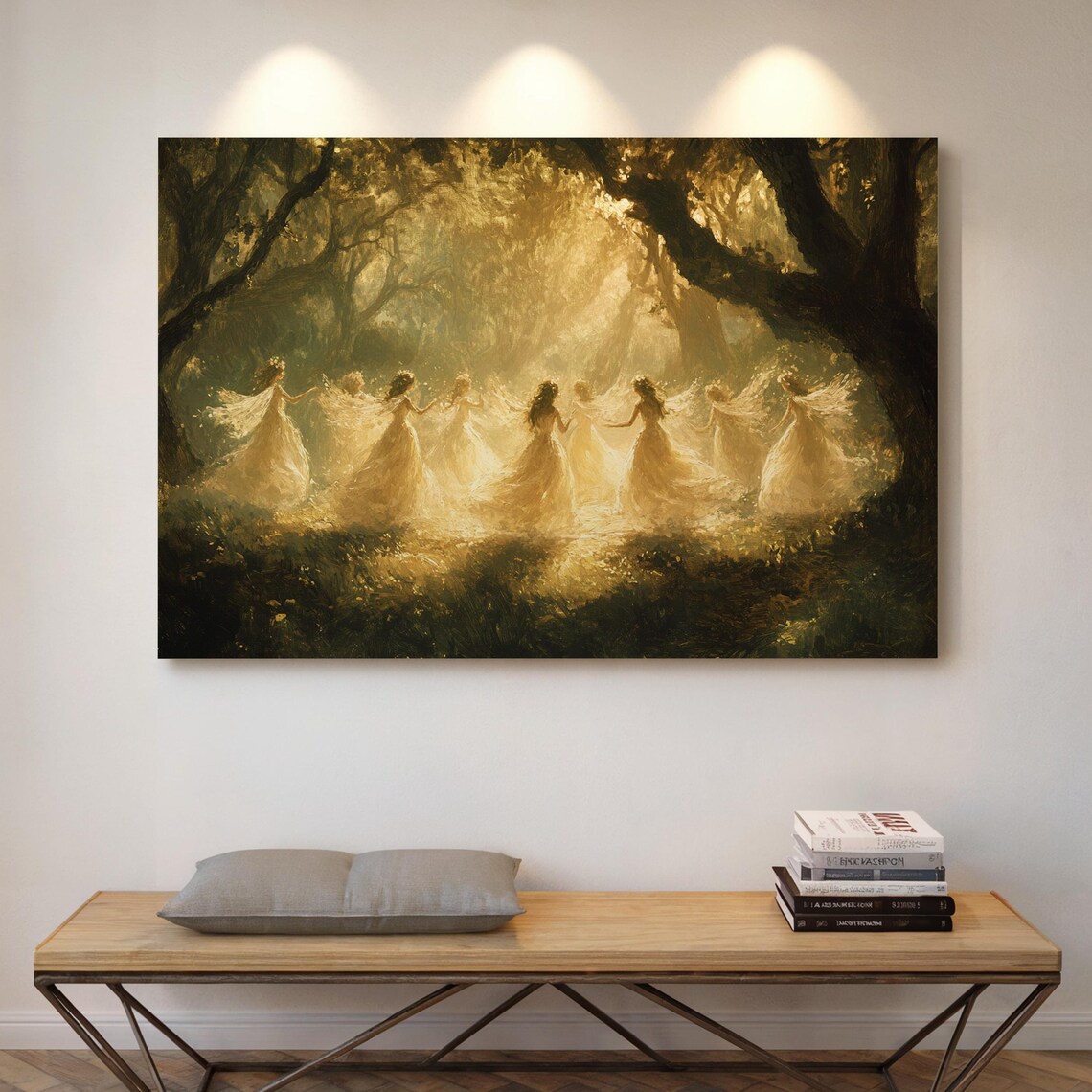 Ethereal Fairies Dancing In Golden Forest Light