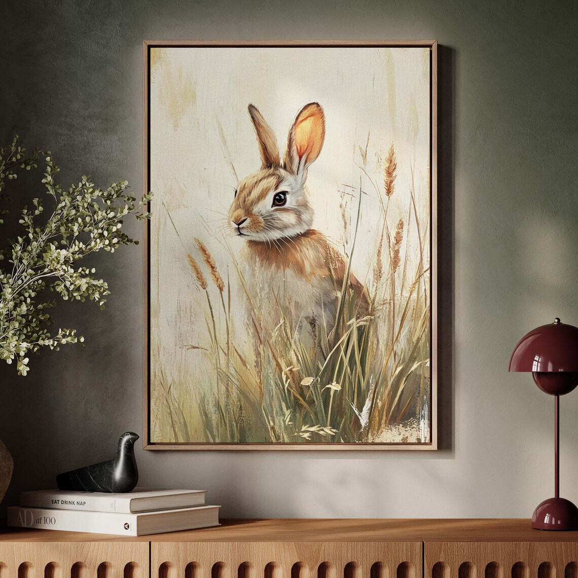 Golden Bunny Among Wheat Stalks in Warm Light Wildlife Painting Wall Art