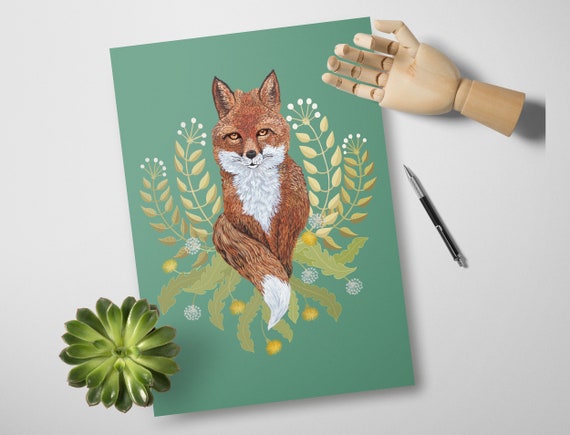 Print File Instant Jpg Brown Cute Fox In Green Animal Botanical Foxy Floral