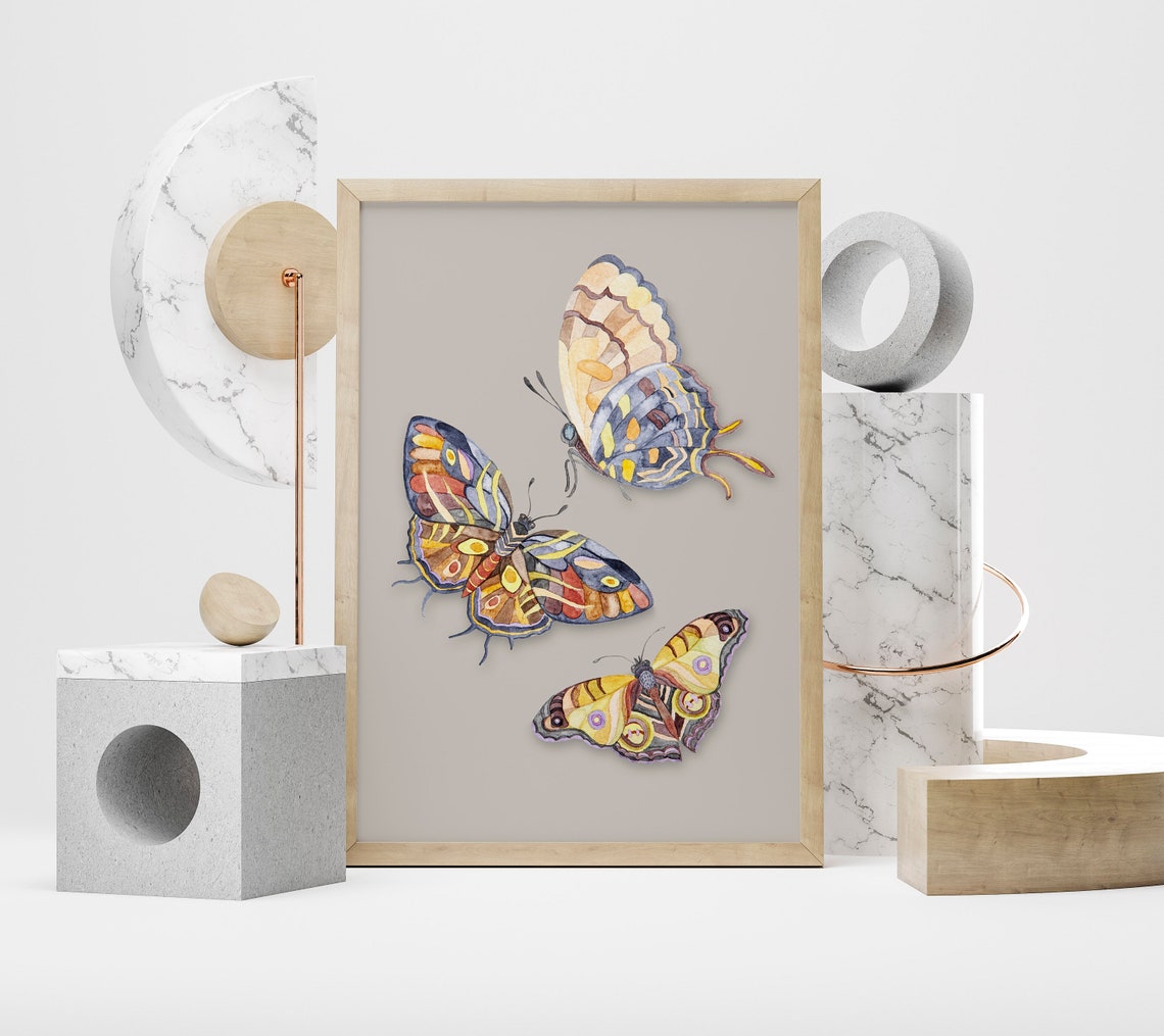 Trio Of Colorful Watercolor Butterflies Dancing On Beige Art Poster