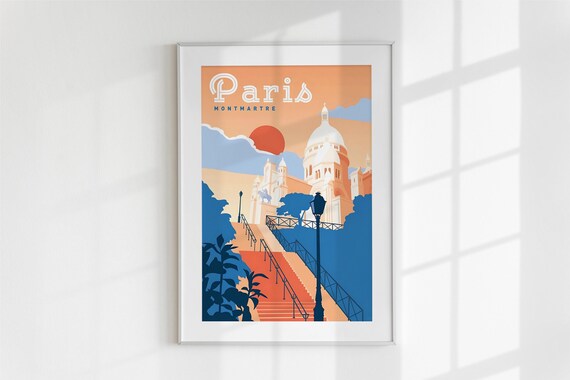 Paris Montmartre Sacre Coeur Basilica Sunset Retro Travel Poster
