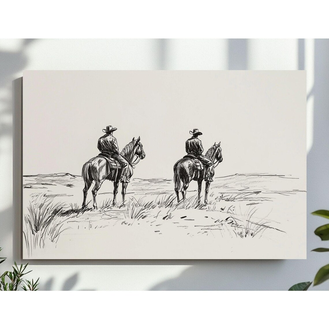 Two Cowboys Horses Western Sketch Vintage Ranch Drawing Poster