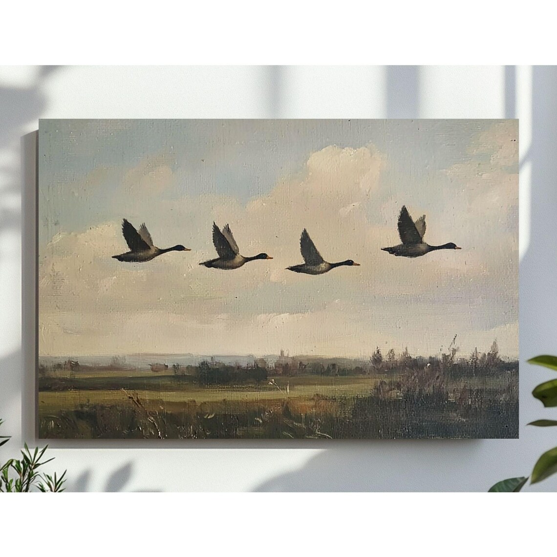 Flying Geese Marsh Landscape Vintage Countryside Oil Art Poster