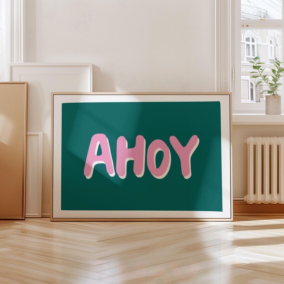 Ahoy Pink Bubble Letters Dark Green Playful Typography Poster