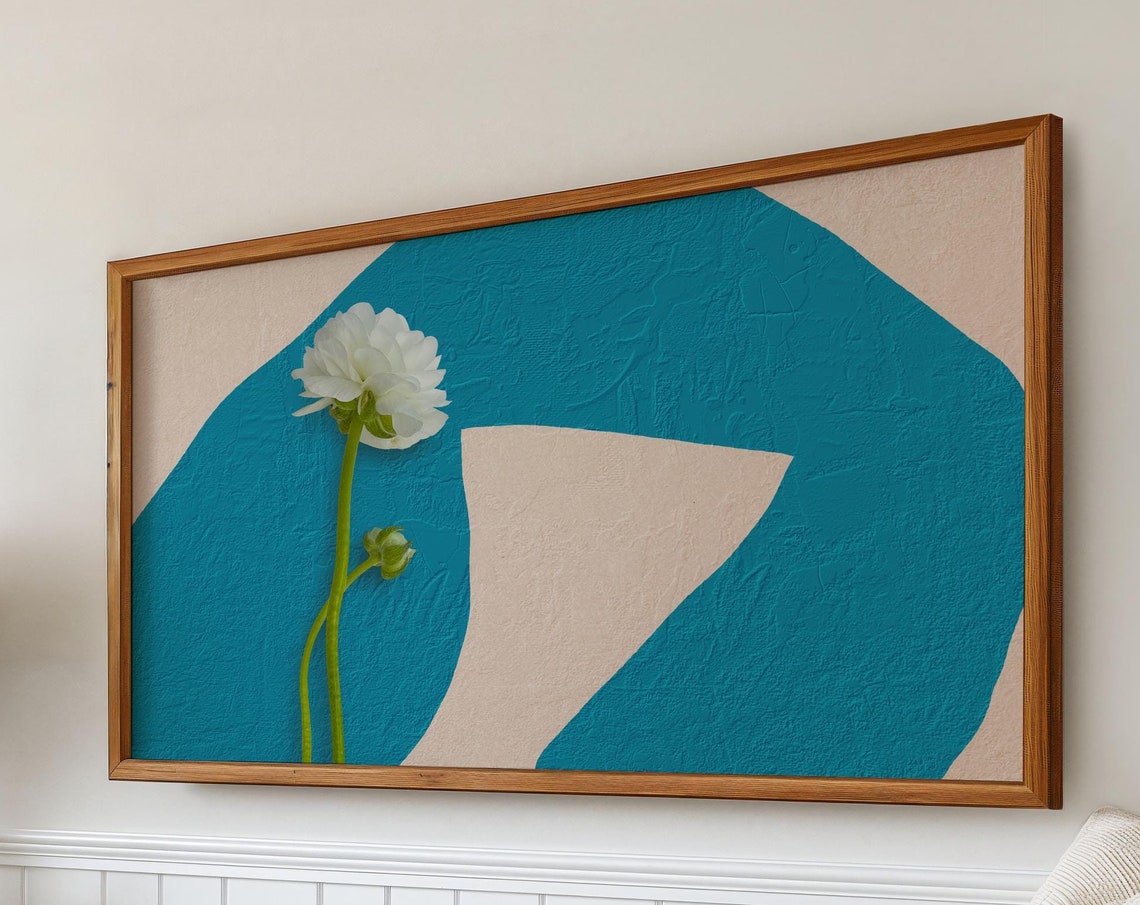White Ranunculus Flower Teal Abstract Minimalist Botanical Poster - Image 2
