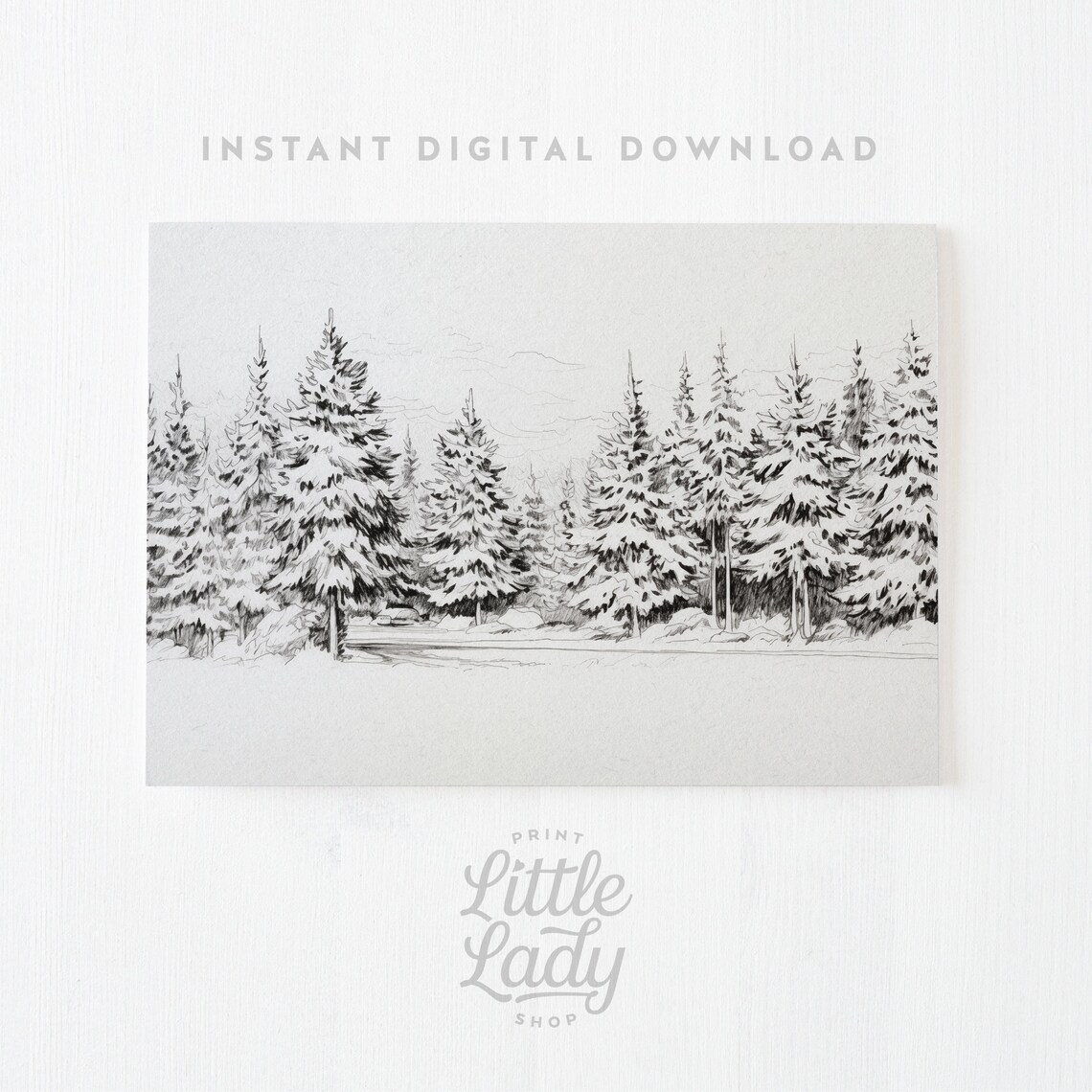 Snowy Pine Forest Monochrome Sketch Winter Woodland Landscape Art Poster