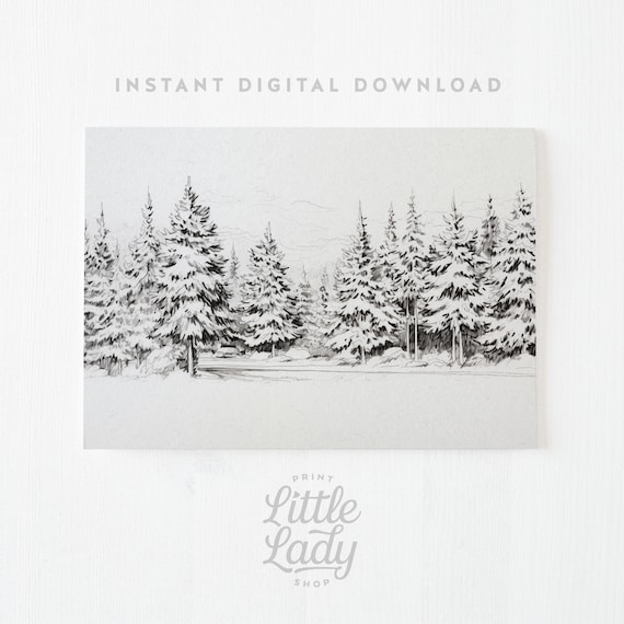 Snowy Pine Forest Monochrome Sketch Winter Woodland Landscape Art Poster
