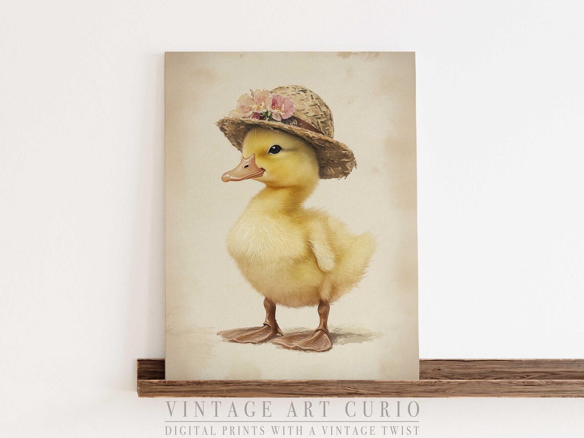 Baby Duckling in Floral Straw Hat Vintage Farm Animal Portrait Poster
