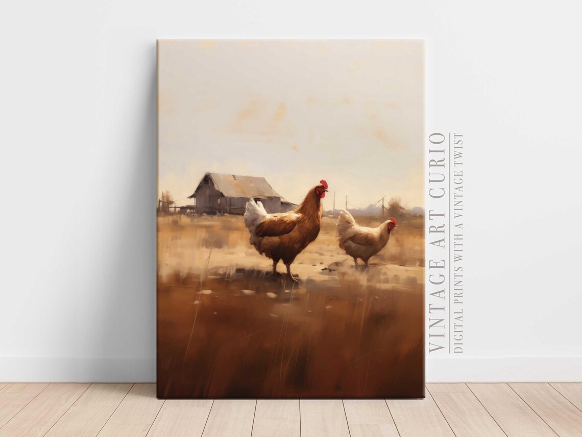 Vintage Chicken Painting, Farmhouse Rustic Art Print