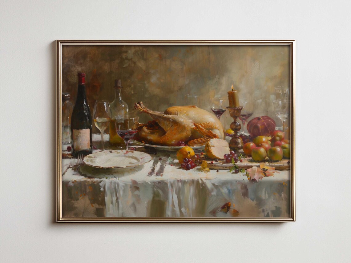 Thanksgiving Feast Roast Turkey Wine Candlelit Oil Painting Poster